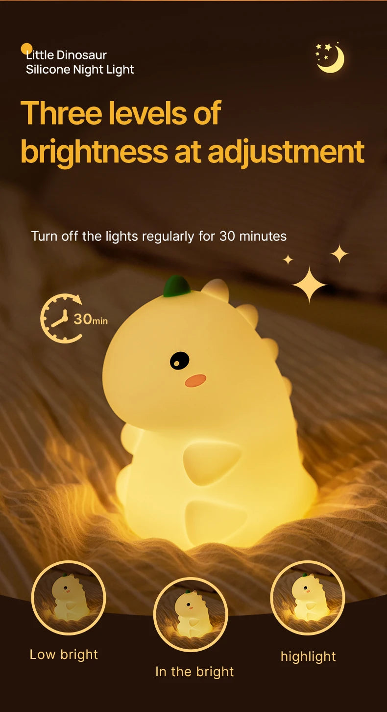LED Night Light Dinosaur Silicone Night Lamp USB Rechargeable Timing Bedside Table Lamp Room Decor Kids Baby nightlight Gift
