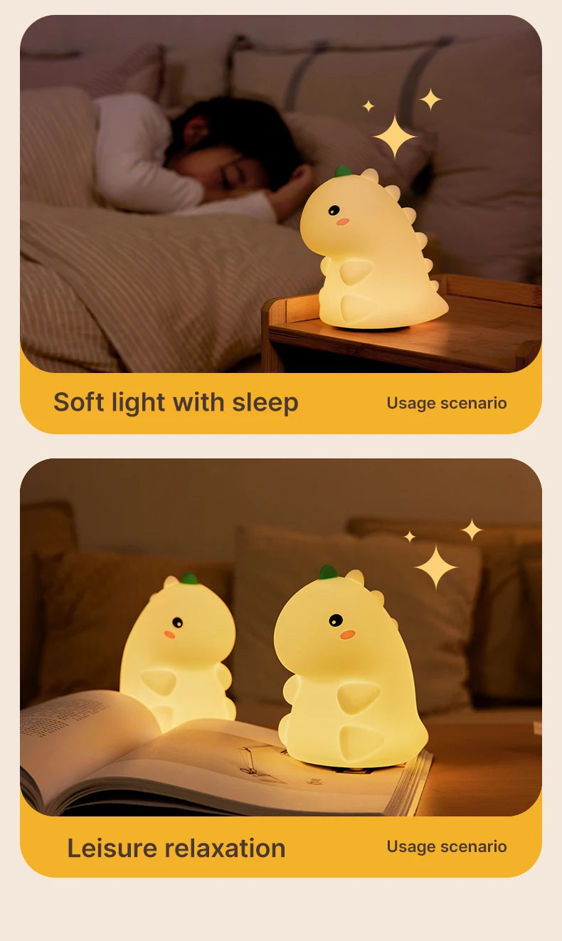 LED Night Light Dinosaur Silicone Night Lamp USB Rechargeable Timing Bedside Table Lamp Room Decor Kids Baby nightlight Gift