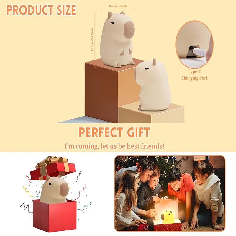 Cute Capybara Night Light Children's Silicone Nightlight Gift USB Rechargeable Animal Touch Bedside Sleep Lamp Decoration