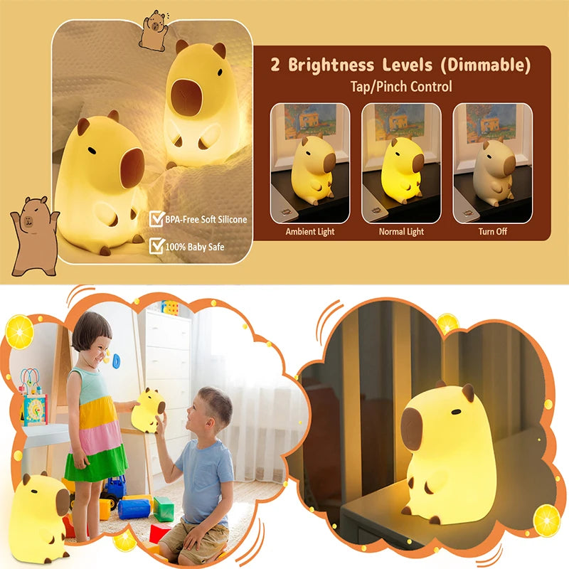Cute Capybara Night Light Children's Silicone Nightlight Gift USB Rechargeable Animal Touch Bedside Sleep Lamp Decoration